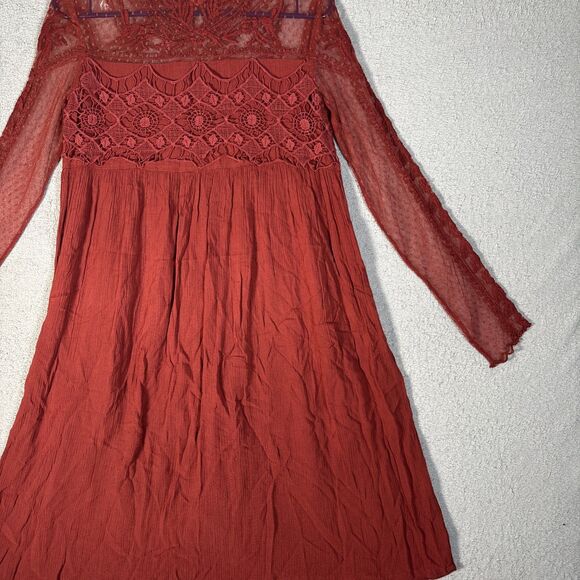 Sundance Mini Dress Womens Size 2 Rust Red Long Sleeve Lace Paneled Crochet Boho - Picture 13 of 14